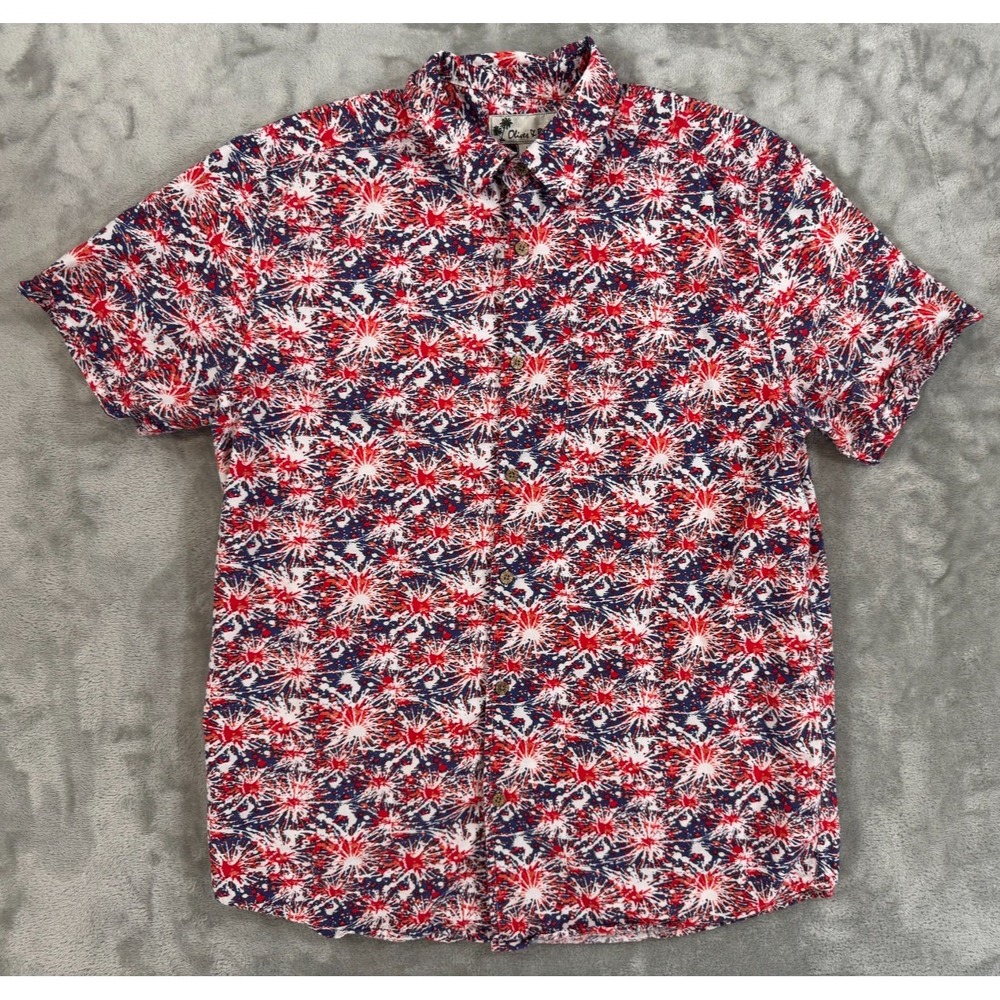 Oliver & Burke Button Up Shirt Mens L Red White Blue Firework Rayon Blend Cuffed